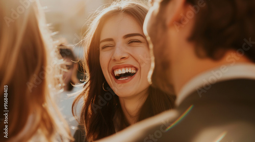 A group of business people mingling at a conference, laughing and having fun working together 