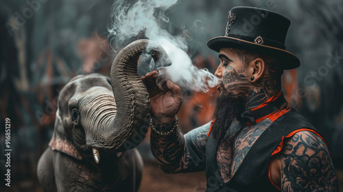 A tattooed man in a top hat enjoys smoking alongside an elephant, creating a unique bond during a lively outdoor celebration filled with colors