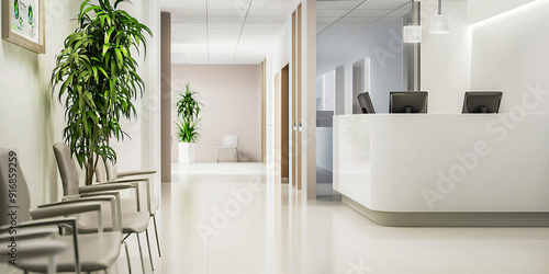 empty modern doctor’s office waiting room, with neatly organized administration desk with minimalist decor, white, beige and wooden colors