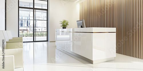 empty modern doctor’s office waiting room, with neatly organized administration desk with minimalist decor, white, beige and wooden colors