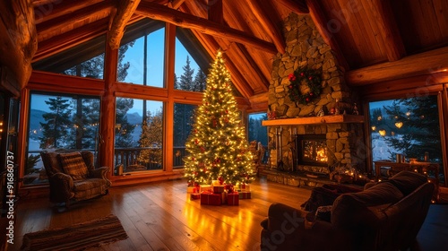 A cozy log cabin with a Christmas tree lit up inside. The warm glow of the lights creates a magical holiday atmosphere in a wooded winter setting.