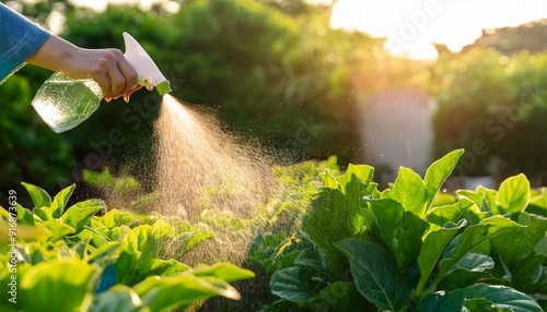 Handheld Sprayer Watering Vibrant Green Plants in Garden During Bright Day