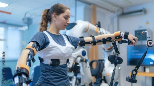 Woman using robotic arm for rehabilitation