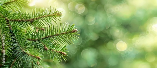 Studio photo of a green spruce branch with pine trees in the background, ideal for text with copy space image.