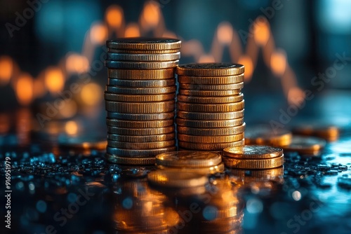 golden coins stacked before rising line graph illuminated by soft glow representing financial growth and investment success