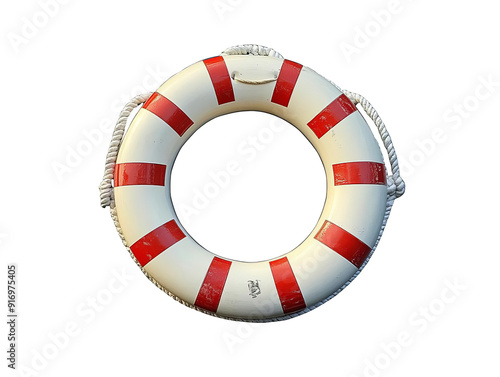 Close-up of a lifebuoy with red stripes isolated on a white background. Essential safety equipment for water activities and emergencies.