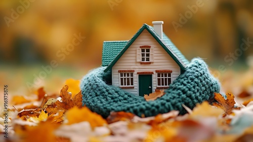 Green scarf around a miniature house on the autumn leaves background Concept of protecting or isolating house : Generative AI