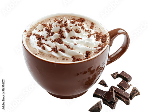 Delicious hot chocolate with whipped cream in a brown cup, topped with chocolate shavings, accompanied by dark chocolate chunks.