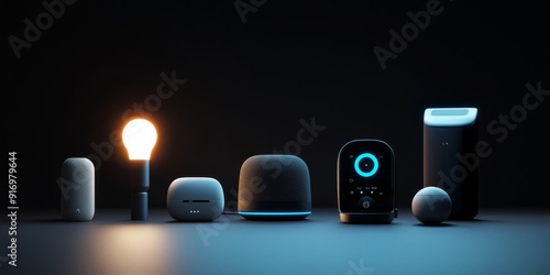 Collection of sleek modern smart home devices with ambient lighting, showcasing advanced technology and minimalistic design in a dark, futuristic setting.