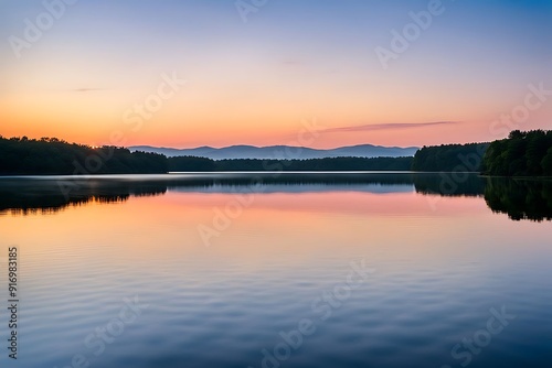 "A peaceful lake at twilight, where the water’s surface is so still that it perfectly reflects the soft colors of the setting sun. The gentle ripple of a fish breaking the surface sends calming waves 