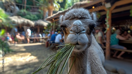 A close-up of a camel chewing grass in a busy, rustic outdoor setting.