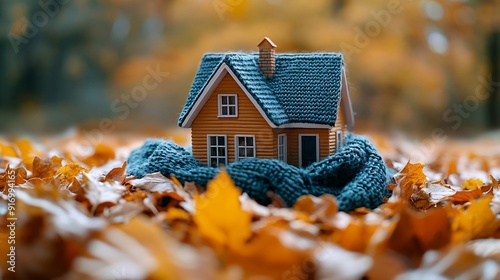 Green scarf around a miniature house on the autumn leaves background Concept of protecting or isolating house : Generative AI