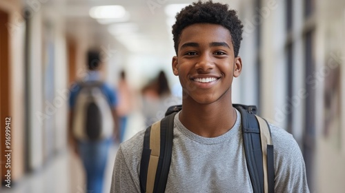 Happy African American high school student standing in hallway and looking at camera.