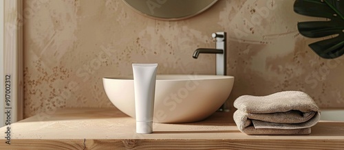 Close up of a white cream tube placed on a brown wooden countertop in a beige bathroom accompanied by a grey folded towel and a vessel basin cosmetic mockup for brand packaging with copy space image