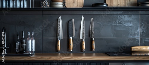 A collection of knives with wooden handles displayed on a modern kitchen countertop featuring a copy space image against a black and white wall