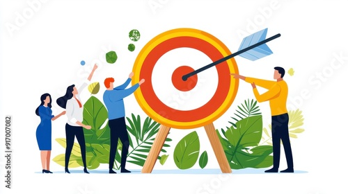 High-quality illustration of businesspeople directing an arrow to a target, high resolution, suitable for business success themes