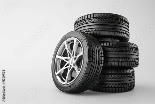 A stack of shiny car tires with alloy wheels on a white background. Perfect for automotive advertisements, car sales promotions, or mechanic shop visuals. Simple and clean design. AI