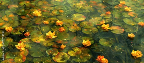 Artistic summer background with a field of yellow water lilies and orange flowers for a flower pattern design on a copy space image