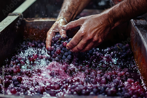 Close-up shot of hands crushing ripe grapes, releasing juice as they submerge in a rustic wooden container, evoking winemaking tradition and artisanal craftsmanship.