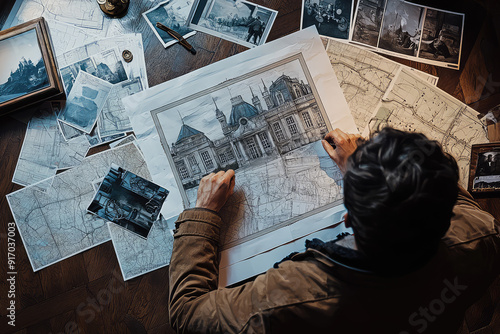 Mysterious figure studies detailed blueprints and maps of mansion, planning a clandestine heist in dimly-lit room. Will they succeed?