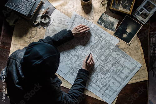 A hooded figure meticulously studies blueprints and maps in a dimly lit room, planning an elaborate heist under the cover of secrecy.