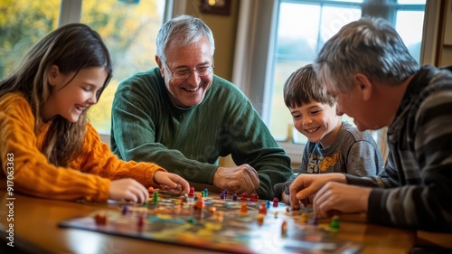 A joyful family gathering around a table, playing board games together, sharing laughter and creating cherished memories.