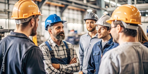 Team Collaboration in a Manufacturing Environment. A group of professionals in hard hats and safety gear are engaged in a discussion in a spacious industrial facility. 