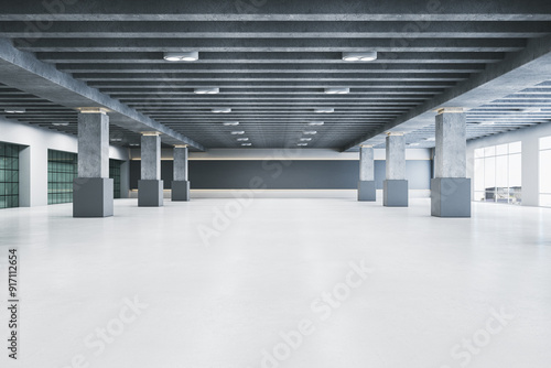 Spacious empty interior with columns and windows. 3D Rendering