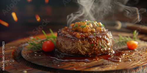 Tagliata di manzo con aromi su tagliere. Sfondo per menù di un ristorante