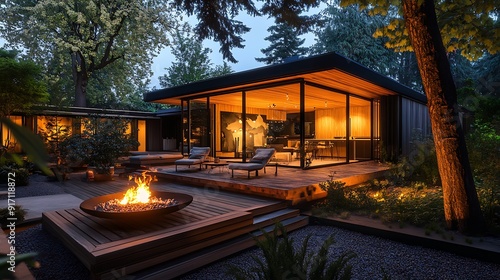 midcentury modern small office with modern floating deck with roaring firepit, surrounded by 200ft doug fir trees, nite sky, modern firepit, midcentury modern, single point perspective, minimalism,