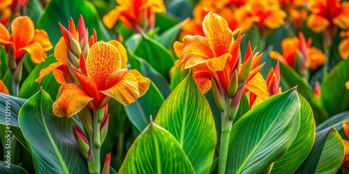 Vibrant green cannas with bright orange and yellow flowers, delicate leaves, and subtle veins, ideal for background, pattern, or wedding invitation designs featuring realistic blooms.