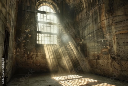 Freedom Day.Slavery Remembrance Day.August 23rd.A conceptual art piece featuring a large, empty, historic prison cell with rays of light breaking through