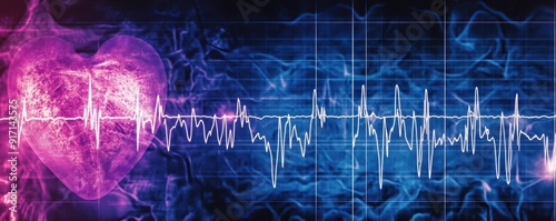 An EKG graph with abnormal readings next to a healthy heart image, visualizing arrhythmia, cardiovascular disease, diagnosis technology