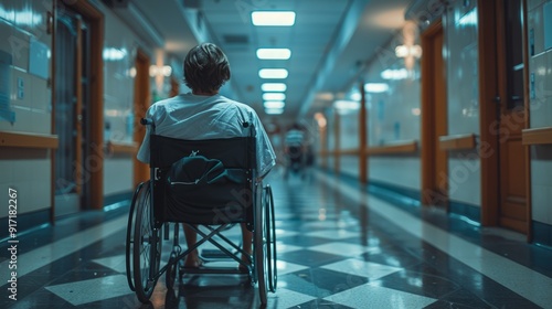 A wheelchair user rolls down a long, empty corridor lined with windows, capturing the stillness of a healthcare environment during the afternoon