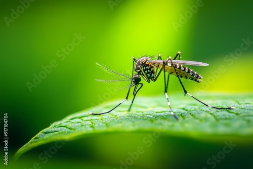 a close-up of an Aedes mosquito resting on leaf