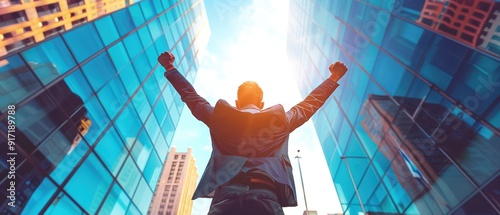 Businessman raising arms in triumph in front of skyscrapers, symbolizing success and achievement in the corporate world.