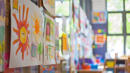 Cheerful classroom decorations featuring children's artwork hanging on the wall, vibrant back-to-school atmosphere, watercolor style, close-up shot capturing the details of the creative pieces. --ar 1