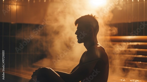 Focused man sitting quietly in a steam room, immersed in a sauna bath