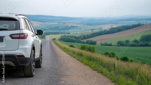 A car parked on the side of a rural road, with rolling hills and farmland in the background, capturing a peaceful stop during a long drive