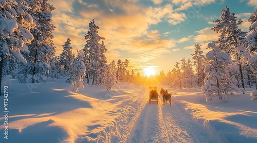 Huskey dogs sledge safari ride at sunset in winter wonderland, Levi, Lapland, Finlad