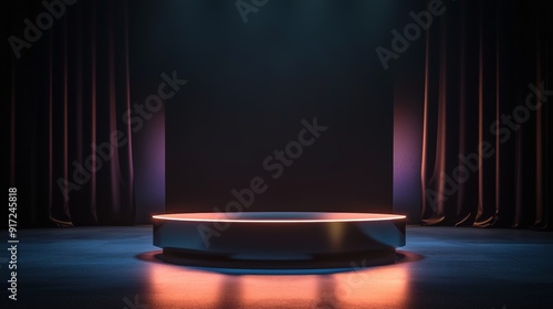 An empty game show set featuring a sleek pedestal, glossy floor, and deep background. A sleek, modern game show stage featuring a lone pedestal against a rich, dark backdrop.