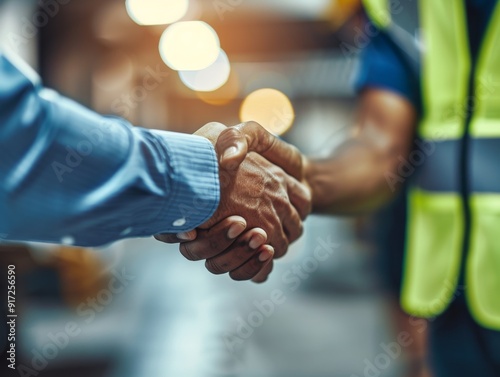 Manager and worker shaking hands in warehouse