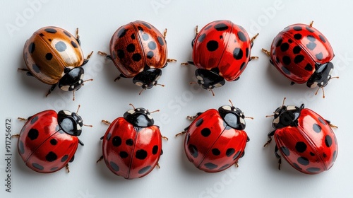 A collection of ladybugs in various shades of red and orange with black spots are neatly displayed on a white background in a grid pattern.