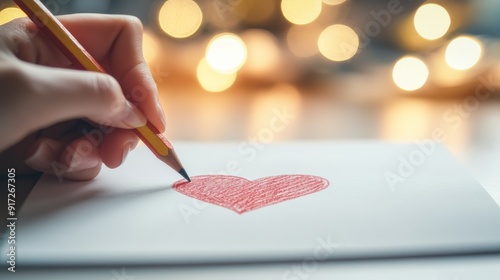 Using a red crayon on paper, a large hand paints a heart