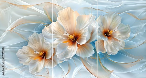 Three abstract botanical wall art panels in blue and orange with translucent flowers