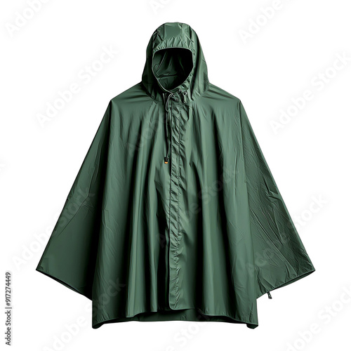 Green rain poncho ideal for outdoor activities, offering protection from rain and wind while enabling comfort and mobility, isolated on transparent background.