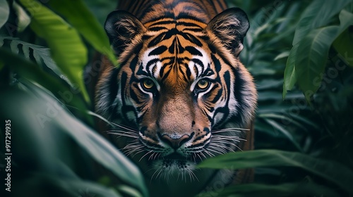 A powerful tiger prowling through the dense underbrush of a jungle, with intense focus in its eyes