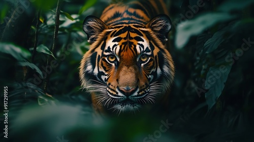 A powerful tiger prowling through the dense underbrush of a jungle, with intense focus in its eyes