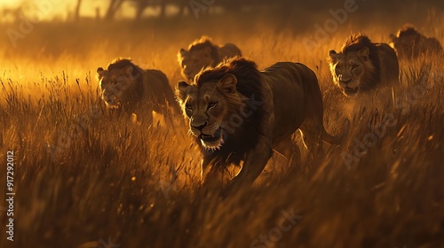 A pride of lions hunting in the tall grass, moving stealthily towards their prey