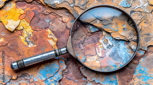 Minerals and ore slices with magnifying glass. Deposits exploration, ore evaluation and resources assessment concepts